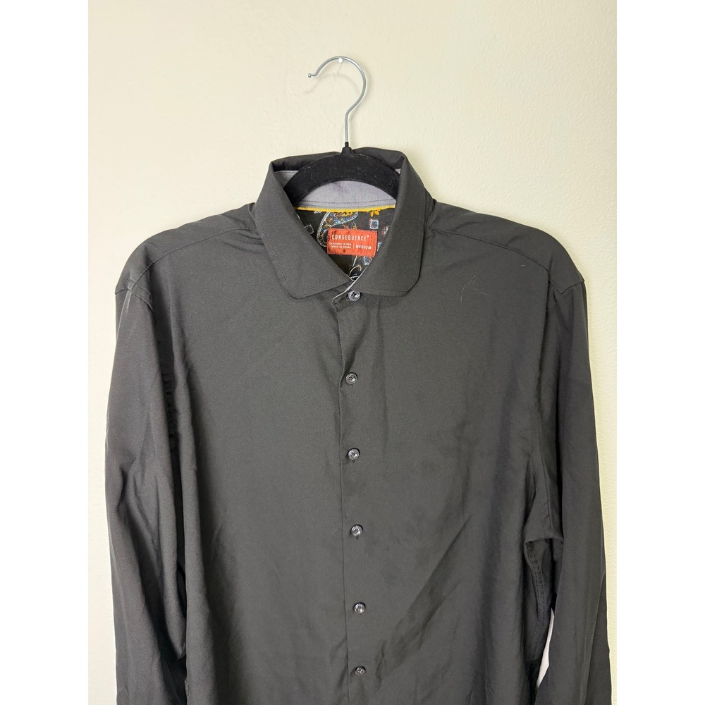 Consequence Mens Black Stretch Long Sleeve Button Down Shirt Paisley Trim Medium